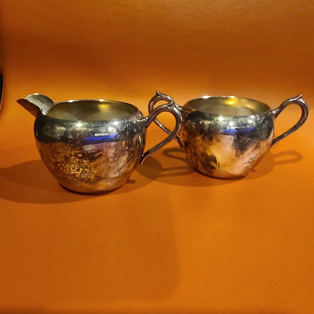 F.B. Rogers Silver Co Sugar Bowl Creamer 2 Piece Set Silver On Copper 3x2½" Tall